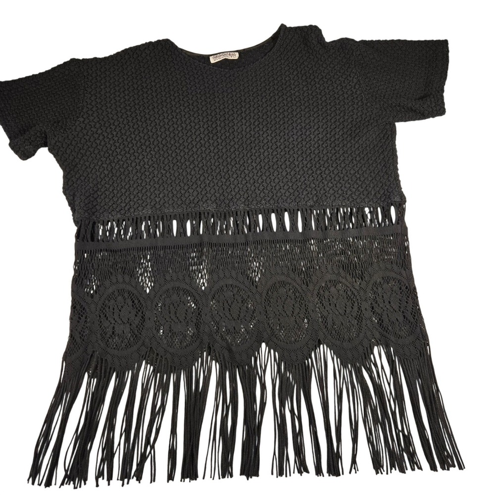 Sharon Anthony Womens Navy Blue Textured Knit Lace Fringe Hem Top Size L Boho
